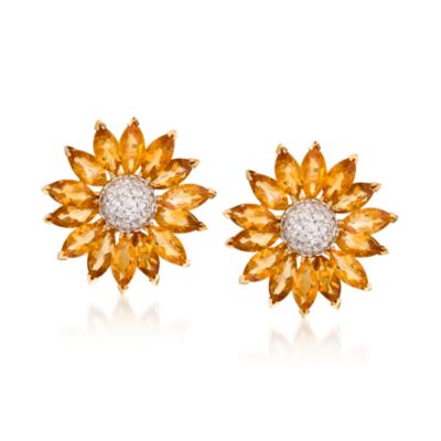C. 1960 Vintage 14.00 ct. t.w. Citrine and 1.15 ct. t.w. Diamond Flower Earrings in 18kt Yellow Gold &mdash; Alt Image 1