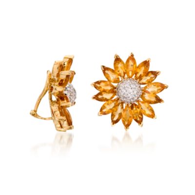 C. 1960 Vintage 14.00 ct. t.w. Citrine and 1.15 ct. t.w. Diamond Flower Earrings in 18kt Yellow Gold &mdash; Alt Image 2