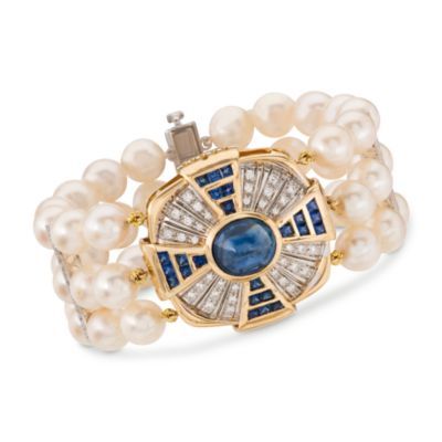 C. 1990 Vintage 10.45 ct. t.w. Sapphire and 8.5-9mm Cultured Pearl Bracelet With .70 ct. t.w. Diamonds In 14kt Two-Tone Gold. 7" &mdash; Alt Image 1