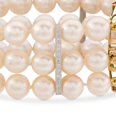 C. 1990 Vintage 10.45 ct. t.w. Sapphire and 8.5-9mm Cultured Pearl Bracelet With .70 ct. t.w. Diamonds In 14kt Two-Tone Gold. 7" &mdash; Alt Image 2