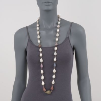 9-18mm Pearl and 30.00 ct. t.w. Multicolored Sapphire Two-Tone Necklace. 440 &mdash; Alt Image 2