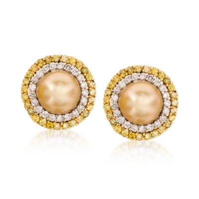 C. 1980 Vintage 2.10 ct. t.w. White and 2.70 ct. t.w. Yellow Diamond Earrings With 13mm Golden South Sea Pearls In 18kt Two-Tone Gold &mdash; Alt Image 1