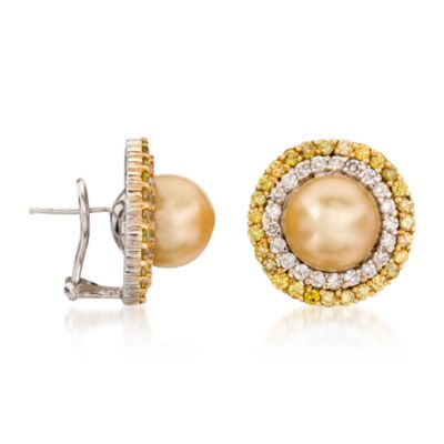 C. 1980 Vintage 2.10 ct. t.w. White and 2.70 ct. t.w. Yellow Diamond Earrings With 13mm Golden South Sea Pearls In 18kt Two-Tone Gold &mdash; Alt Image 2