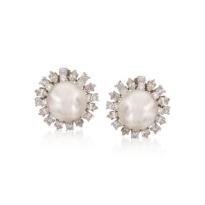 C. 1990 Vintage Diamond and South Sea Pearl Stud Earrings in 18kt Two-Tone Gold &mdash; Alt Image 1