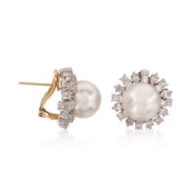 C. 1990 Vintage Diamond and South Sea Pearl Stud Earrings in 18kt Two-Tone Gold &mdash; Alt Image 2