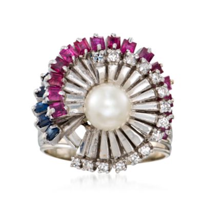 C. 1970 Vintage 2.30 ct. t.w. Multi-Gem and .30 ct. t.w. Diamond Ring With 7.5mm Cultured Pearl in 14kt White Gold. Size 9.75 &mdash; Alt Image 1