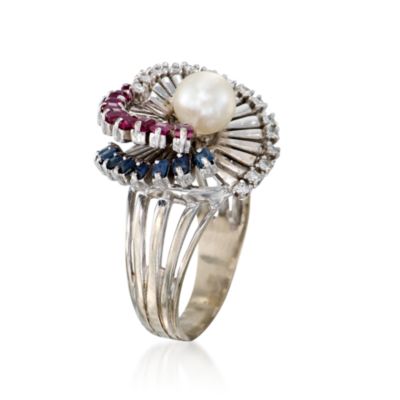 C. 1970 Vintage 2.30 ct. t.w. Multi-Gem and .30 ct. t.w. Diamond Ring With 7.5mm Cultured Pearl in 14kt White Gold. Size 9.75 &mdash; Alt Image 2