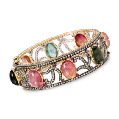Tourmaline and 3.90 ct. t.w. Diamond Bangle Bracelet in 14kt Yellow Gold and Sterling Silver With Black Rhodium. 8" &mdash; Alt Image 1