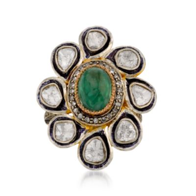 2.60 Carat Emerald and 2.00 ct. t.w. Rose-Cut Diamond Ring in 14kt Yellow Gold and Sterling Silver With Black Rhodium. Size 7 &mdash; Alt Image 1