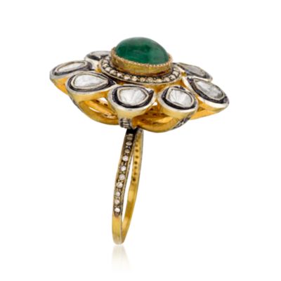2.60 Carat Emerald and 2.00 ct. t.w. Rose-Cut Diamond Ring in 14kt Yellow Gold and Sterling Silver With Black Rhodium. Size 7 &mdash; Alt Image 2