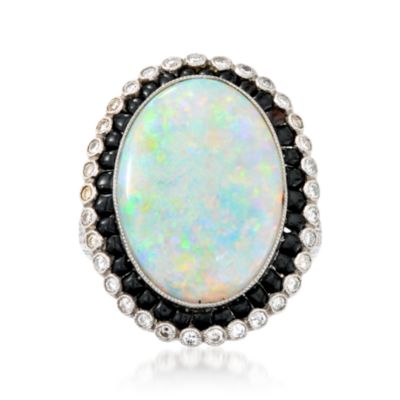 C. 1960 Vintage Opal and .55 ct. t.w. Diamond Ring With Onyx In Platinum. Size 6.5 &mdash; Alt Image 1