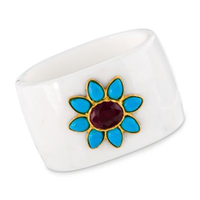4.00 Carat Ruby and Turquoise Flower Bangle Bracelet With Vermeil. 7&amp;quot;