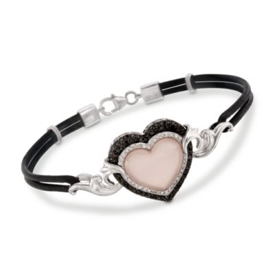 Pink Onyx and .20 ct. t.w. Black and White Diamond Heart Bracelet In Sterling Silver With Leather Cord. 7" &mdash; Alt Image 1
