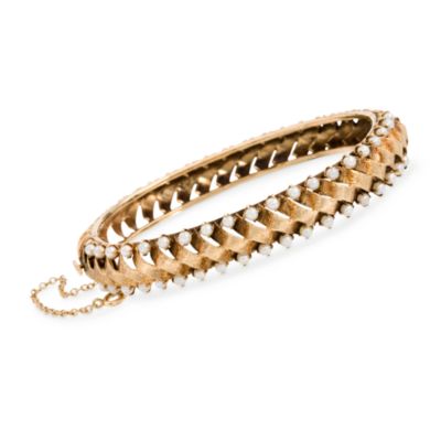 C. 1950 Vintage 2mm Cultured Pearl Bangle Bracelet In 14kt Yellow Gold. 6.5" &mdash; Alt Image 1