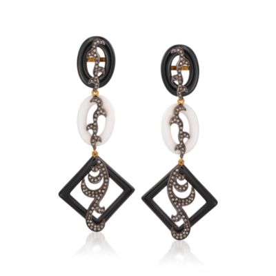 Fancy Black and White Onyx and 1.10 ct. t.w. Diamond Dangle Earrings in Two Tone Gold &mdash; Alt Image 1