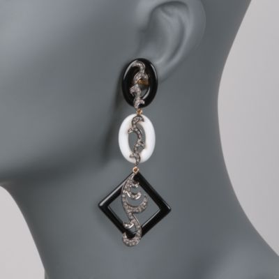 Fancy Black and White Onyx and 1.10 ct. t.w. Diamond Dangle Earrings in Two Tone Gold &mdash; Alt Image 2