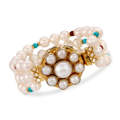 4-8mm Cultured Pearl and 3.15 ct. t.w. Multi-Gem Triple-Strand Bracelet In Vermeil &mdash; Alt Image 1