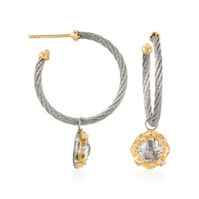 Charriol "Classique" 2.30 ct. t.w. White Topaz Hoop Drop Earrings in Stainless Steel and 18kt Yellow Gold &mdash; Alt Image 2