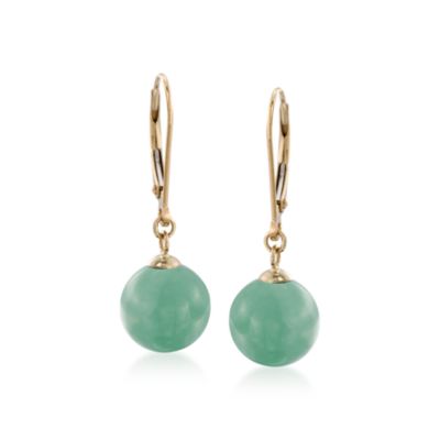 Jade Green 10mm Bead Drop Earrings In 14kt Yellow Gold &mdash; Alt Image 1