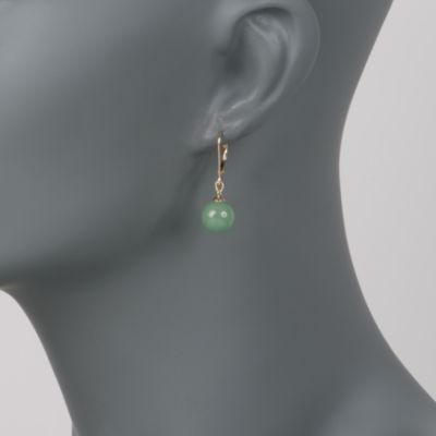 Jade Green 10mm Bead Drop Earrings In 14kt Yellow Gold &mdash; Alt Image 2