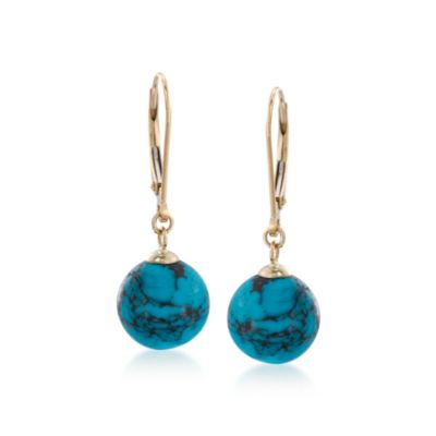 Turquoise 10mm Bead Drop Earrings In 14kt Yellow Gold &mdash; Alt Image 1