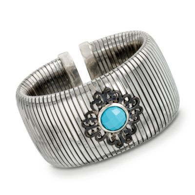 Italian Turquoise Medallion Cuff Bracelet in Sterling Silver With Black Rhodium. 7" &mdash; Alt Image 1