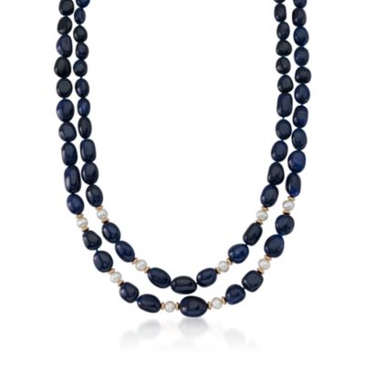 6-7mm Pearl and Sapphire Bead Necklace in 14kt Yellow Gold. 18" &mdash; Alt Image 1