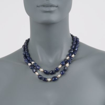 6-7mm Pearl and Sapphire Bead Necklace in 14kt Yellow Gold. 18" &mdash; Alt Image 2