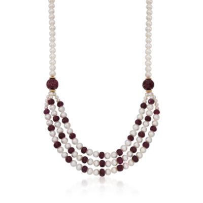 80.00 ct. t.w. Ruby and Pearl Multi-Strand Necklace With 14kt Yellow Gold. 18" &mdash; Alt Image 1