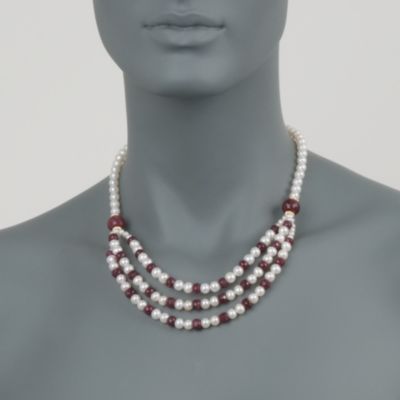 80.00 ct. t.w. Ruby and Pearl Multi-Strand Necklace With 14kt Yellow Gold. 18" &mdash; Alt Image 2