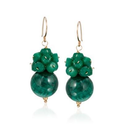 Malachite and Emerald Drop Earrings In 14kt Yellow Gold &mdash; Alt Image 1