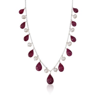4-5mm Cultured Pearl and 45.00 ct. t.w. Ruby Drop Necklace in Sterling Silver. 18" &mdash; Alt Image 1