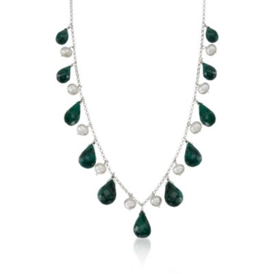 4-5mm Cultured Pearl and 45.00 ct. t.w. Emerald Drop Necklace in Sterling Silver. 18" &mdash; Alt Image 1