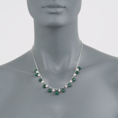 4-5mm Cultured Pearl and 45.00 ct. t.w. Emerald Drop Necklace in Sterling Silver. 18" &mdash; Alt Image 2