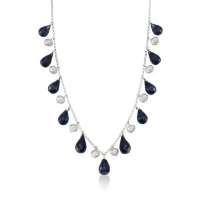 4-5mm Cultured Pearl and 45.00 ct. t.w. Sapphire Drop Necklace in Sterling Silver. 18" &mdash; Alt Image 1