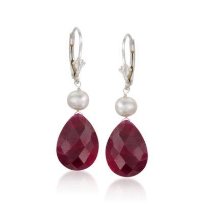 6-7mm Cultured Pearl and 20.00 ct. t.w. Ruby Drop Earrings in Sterling Silver &mdash; Alt Image 1