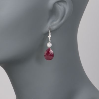 6-7mm Cultured Pearl and 20.00 ct. t.w. Ruby Drop Earrings in Sterling Silver &mdash; Alt Image 2