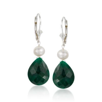 6-7mm Cultured Pearl and 20.00 ct. t.w. Emerald Drop Earrings in Sterling Silver &mdash; Alt Image 1
