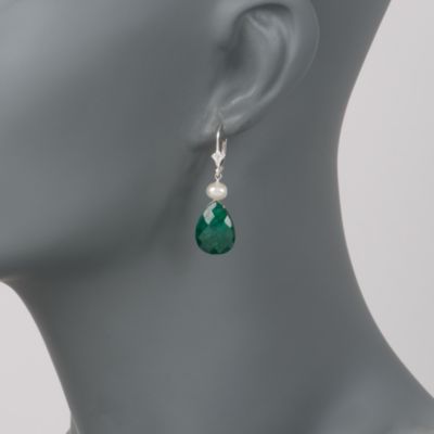 6-7mm Cultured Pearl and 20.00 ct. t.w. Emerald Drop Earrings in Sterling Silver &mdash; Alt Image 2