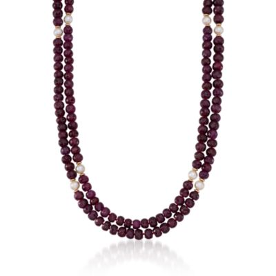 8-9mm Cultured Pearl and Ruby Bead Necklace In 14kt Yellow Gold. 48" &mdash; Alt Image 1