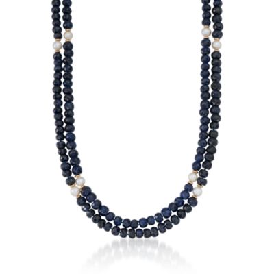 8-9mm Cultured Pearl and Sapphire Bead Necklace In 14kt Yellow Gold. 48" &mdash; Alt Image 1