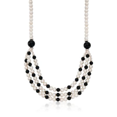 6-12m Onyx and Cultured Pearl Multi-Strand Necklace With Sterling Silver. 18" &mdash; Alt Image 1