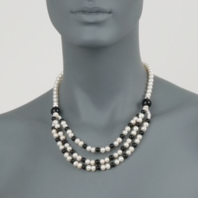 6-12m Onyx and Cultured Pearl Multi-Strand Necklace With Sterling Silver. 18" &mdash; Alt Image 2