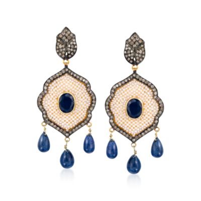 5.00 ct. t.w. Sapphire and 1.30 ct. t.w. Diamond Earrings With Pearls In Sterling Silver and 18kt Yellow Gold &mdash; Alt Image 1