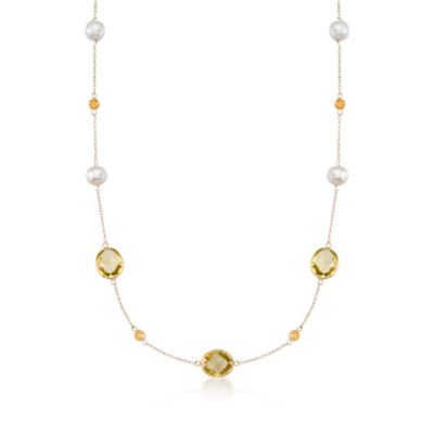 12.55 ct. t.w. Multi-Gem and 8-9mm Cultured Pearl Necklace In 14kt Yellow Gold &mdash; Alt Image 1