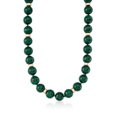 C.1990 Vintage Malachite 12mm Bead Necklace in 14kt Yellow Gold. 18" &mdash; Alt Image 1