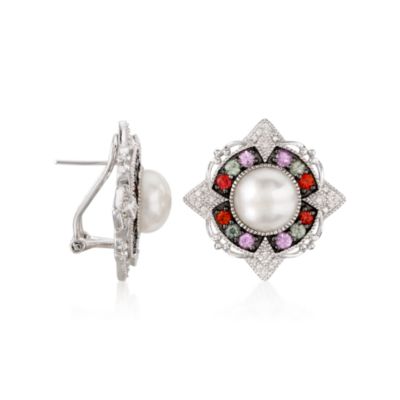 10-10.5mm Cultured Pearl and 1.85 ct. t.w. Multi-Gem Earrings In Sterling Silver &mdash; Alt Image 2