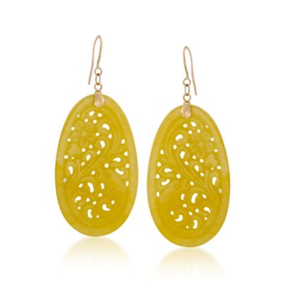 Carved Yellow Jade Earrings In 14kt Yellow Gold &mdash; Alt Image 1