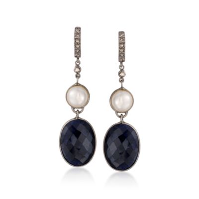 8mm Cultured Pearl and 24.30 ct. t.w. Sapphire Earrings In Sterling Silver With Black Rhodium &mdash; Alt Image 1