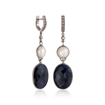 8mm Cultured Pearl and 24.30 ct. t.w. Sapphire Earrings In Sterling Silver With Black Rhodium &mdash; Alt Image 2